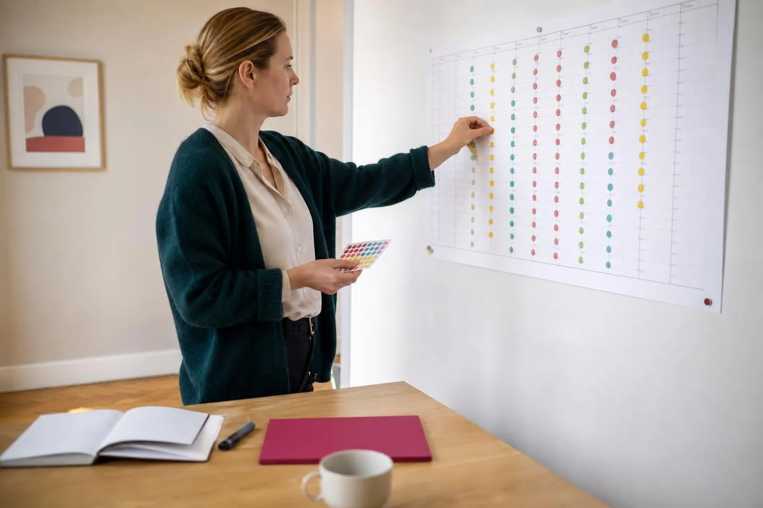 Femme d’une quarantaine d’années plaçant des pastilles de couleur sur un planning mensuel en papier affiché au mur d’un bureau clair