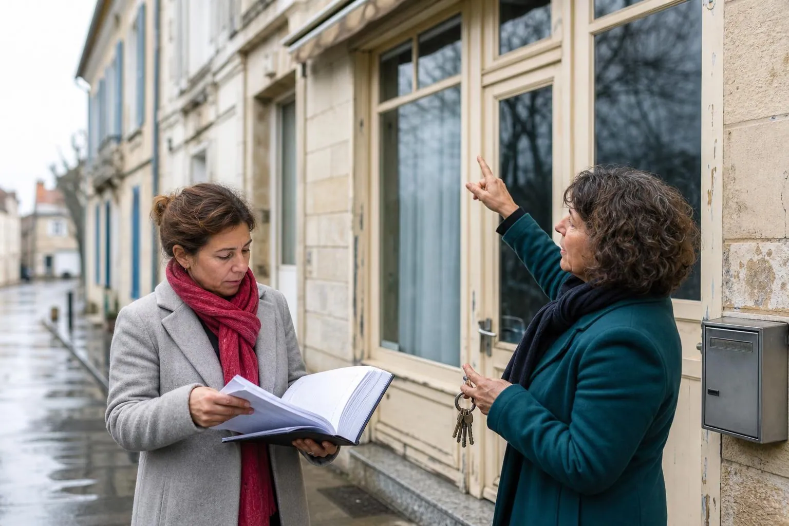 Deux femmes debout devant la porte vitrée d’un local commercial de rue, l’une tenant un exemplaire relié de bail et un trousseau de clés