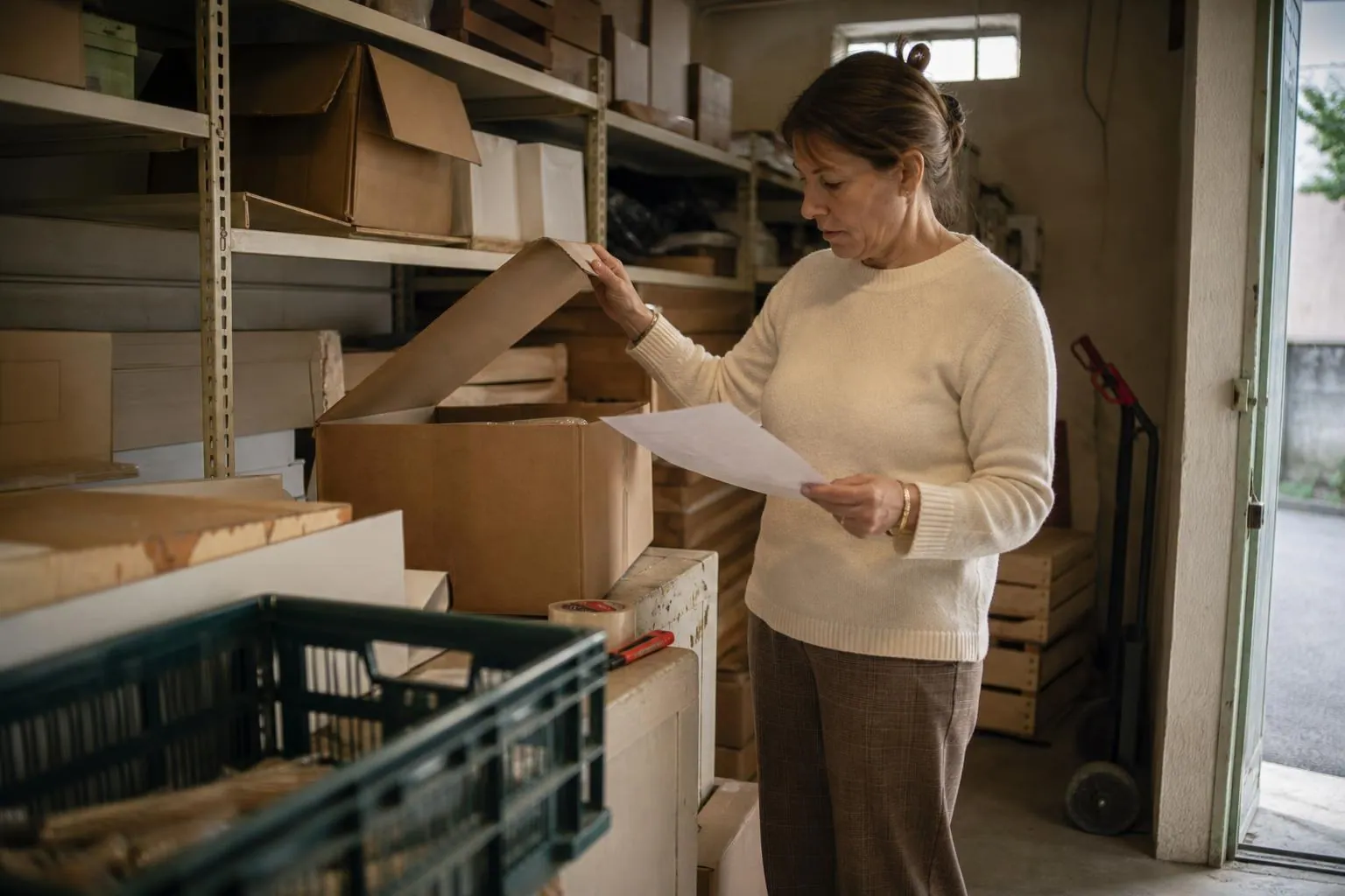 Femme d’une cinquantaine d’années dans une réserve encombrée de cartons, comparant une feuille d’inventaire aux boîtes empilées