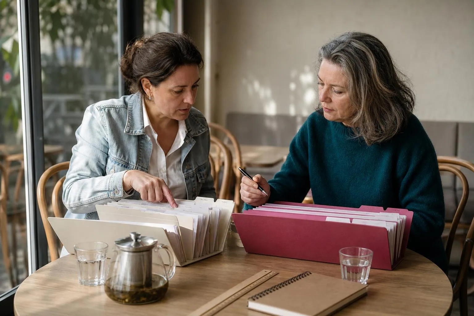 Deux femmes attablées dans un café clair comparant deux chemises cartonnées de couleurs différentes ouvertes côte à côte