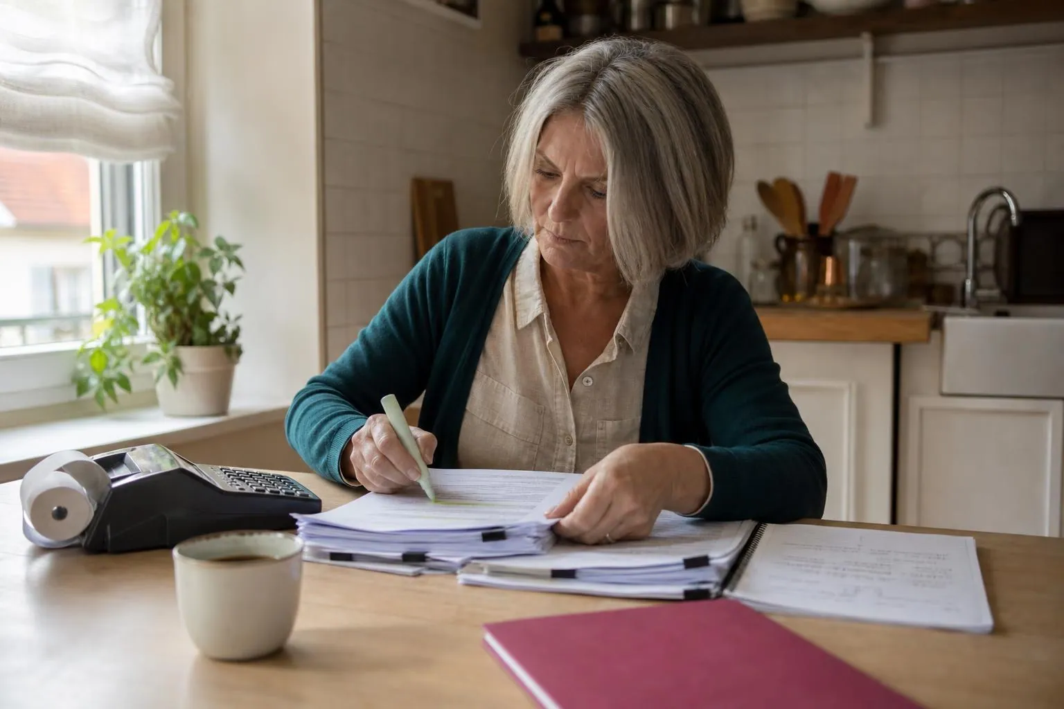 Femme d’une cinquantaine d’années annotant au surligneur une liasse de bilans posée sur une table de cuisine claire