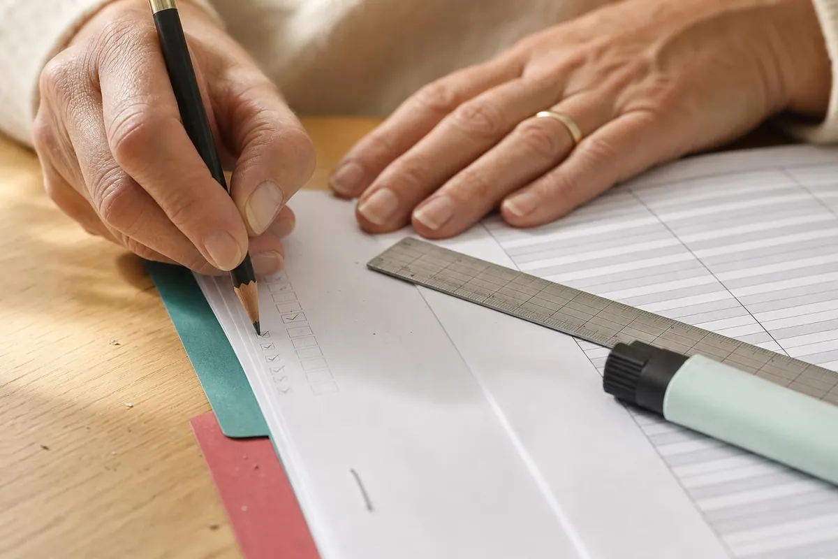 Gros plan de mains féminines annotant au crayon un contrat de bail commercial et un tableau d’inventaire de stock posés sur une table claire