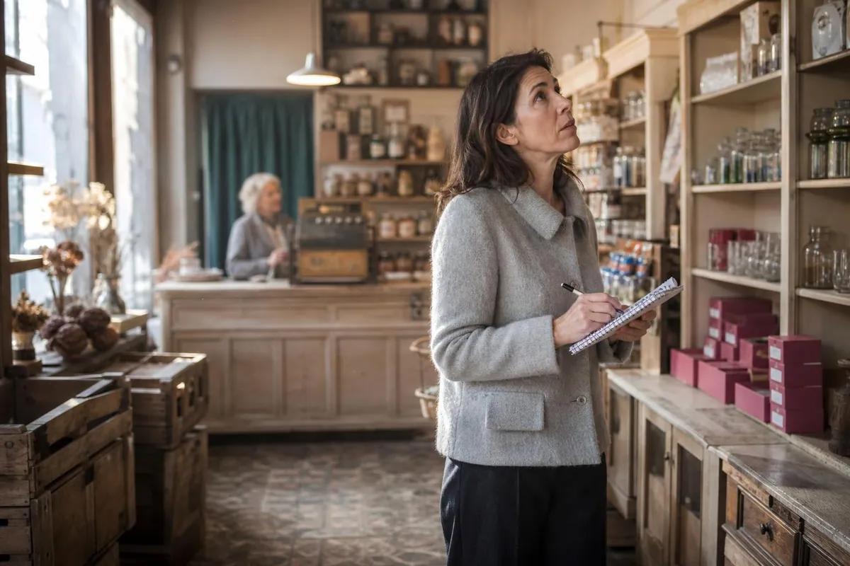Femme d’une quarantaine d’années debout dans une petite boutique de quartier, carnet à la main, observant les rayonnages et le comptoir avant une reprise